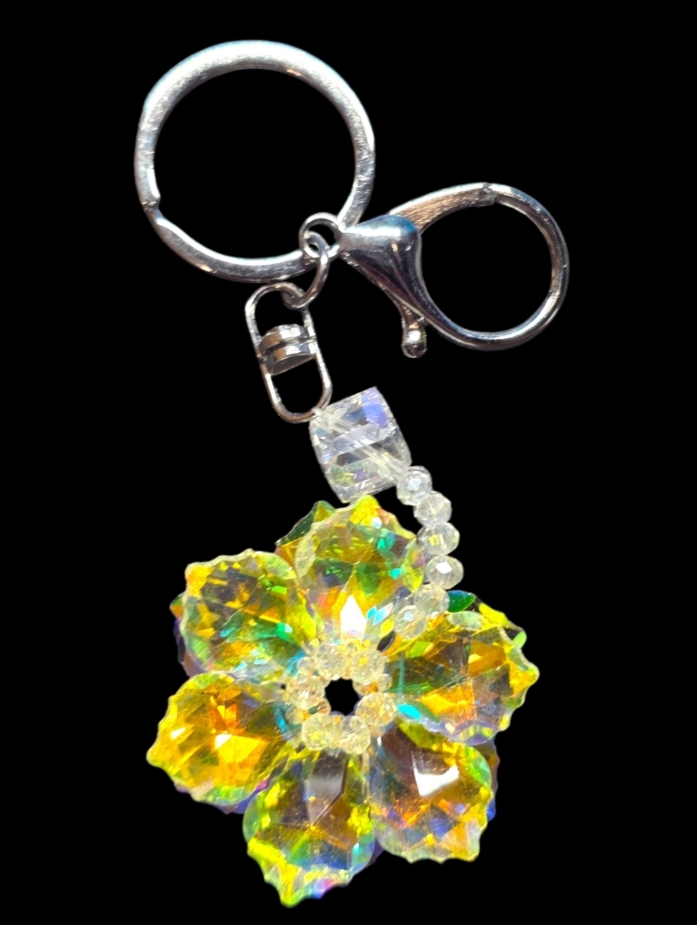 Crystal Flower Bag Charm Keychain with Silver Clip